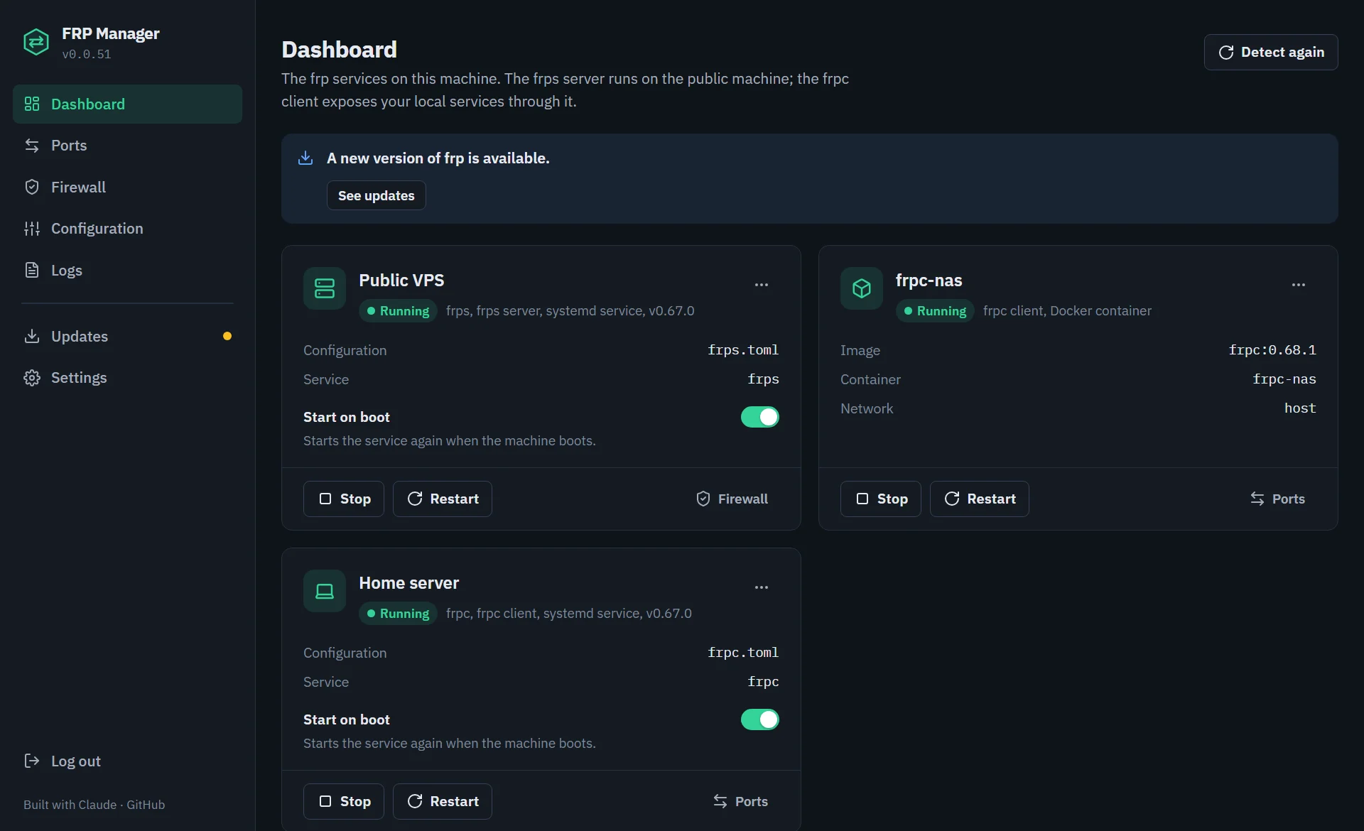 FRP Manager dashboard: an frps server, an frpc client and an frpc Docker container, all running