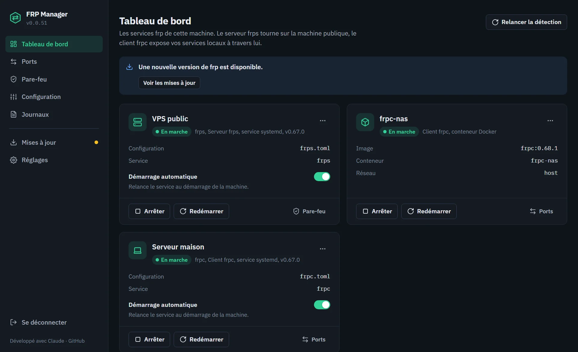 Tableau de bord de FRP Manager : un serveur frps, un client frpc et un conteneur frpc, tous en marche
