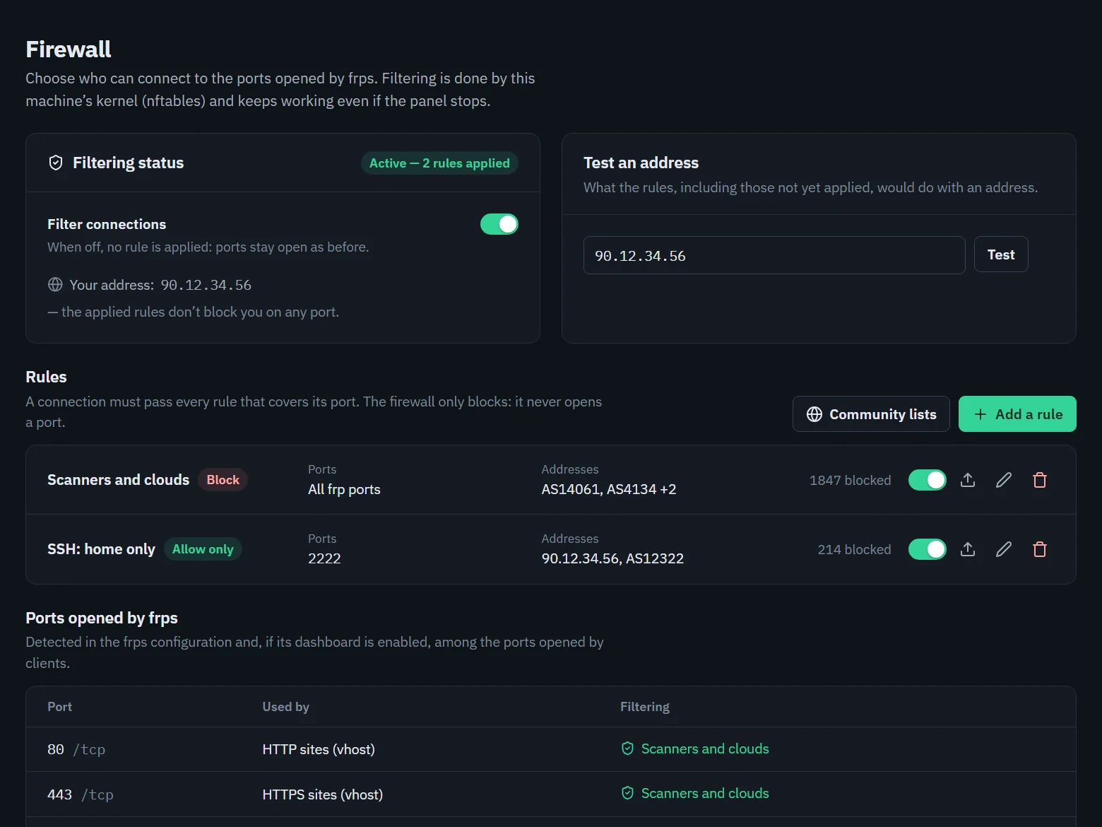 Firewall page with block and allow-only rules and the ports opened by frps