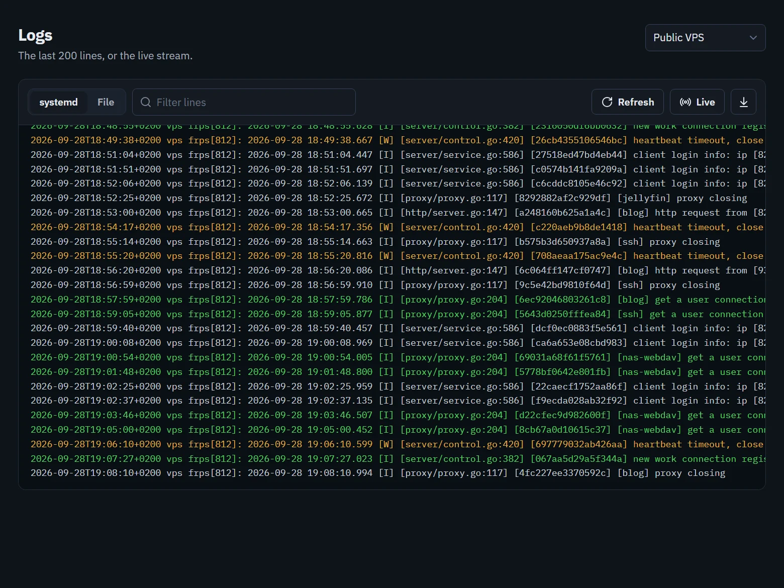 Live frpc logs with errors and warnings highlighted